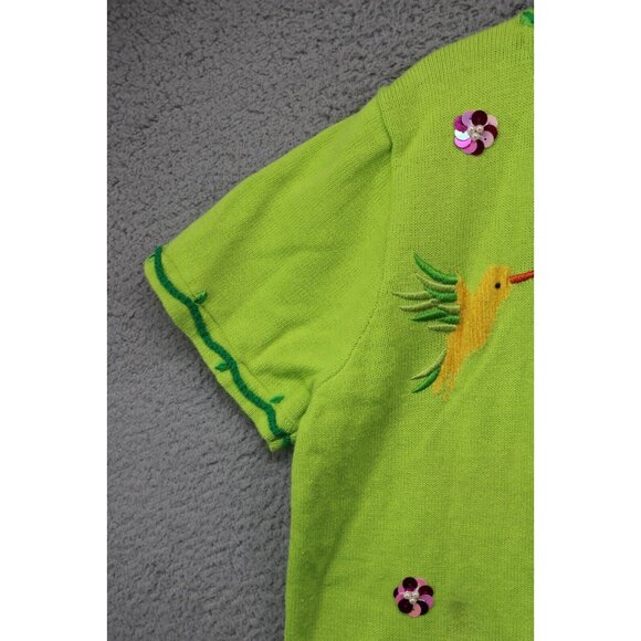 Quaker Factory Lime Green Embroidered Beaded Sweater-Large-Button Up-Birds - Picture 9 of 15